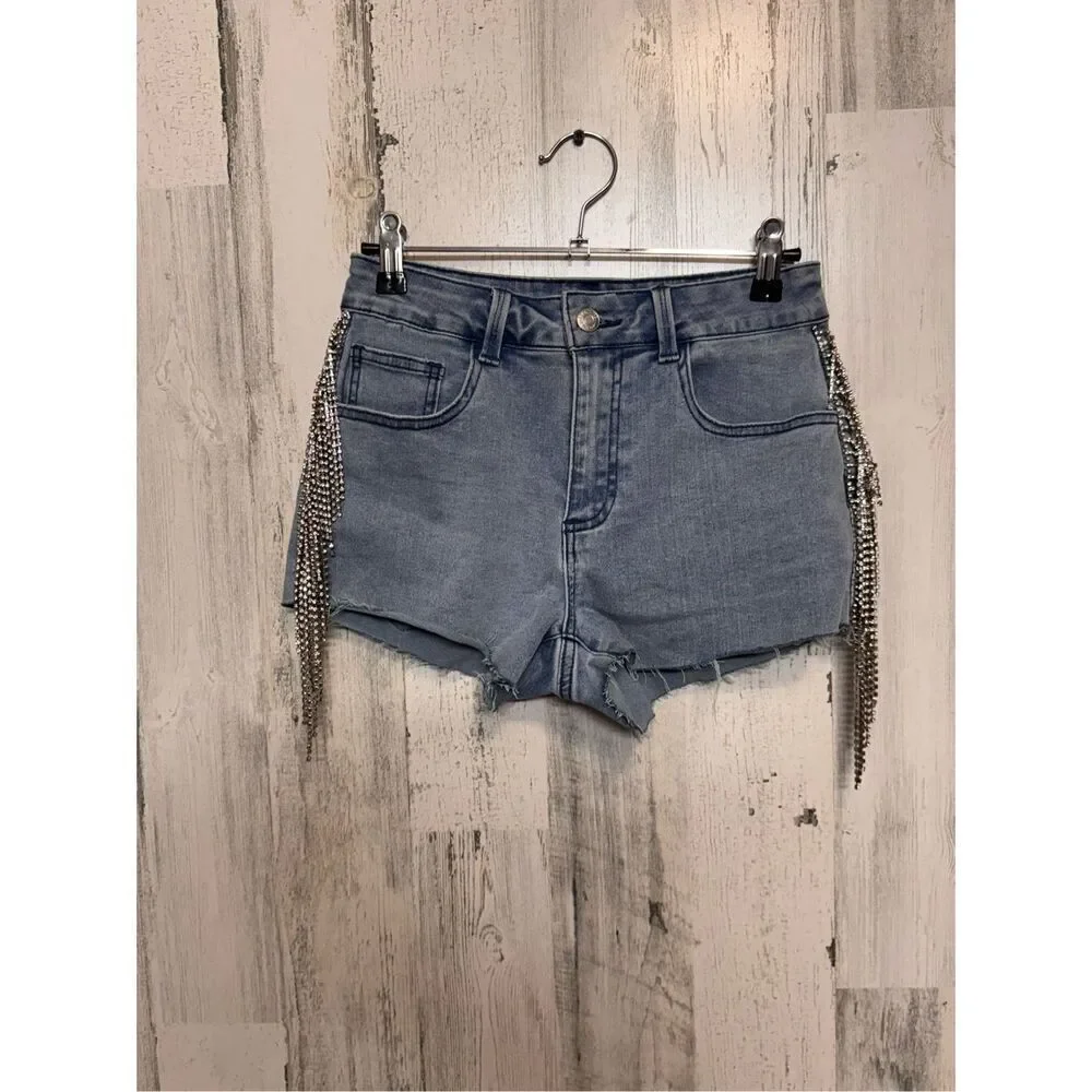 Forever 21 Rhinestone Fringe High-Rise Denim Shorts Size 26